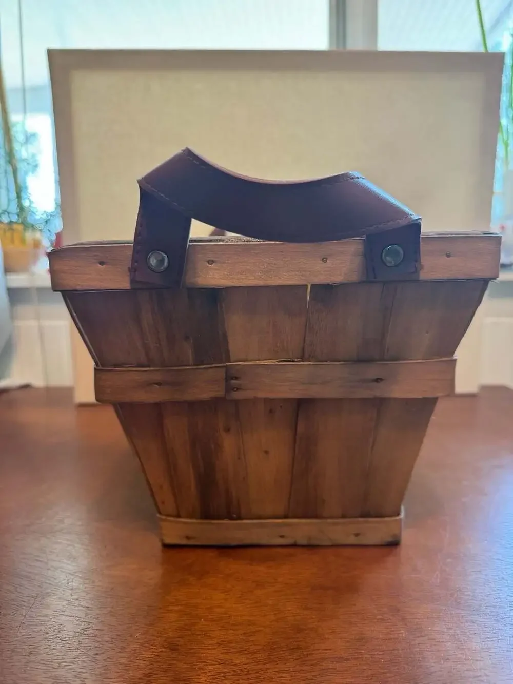 Harry & David Rustic Rectangular Wood Storage Basket with Faux Leather Handles